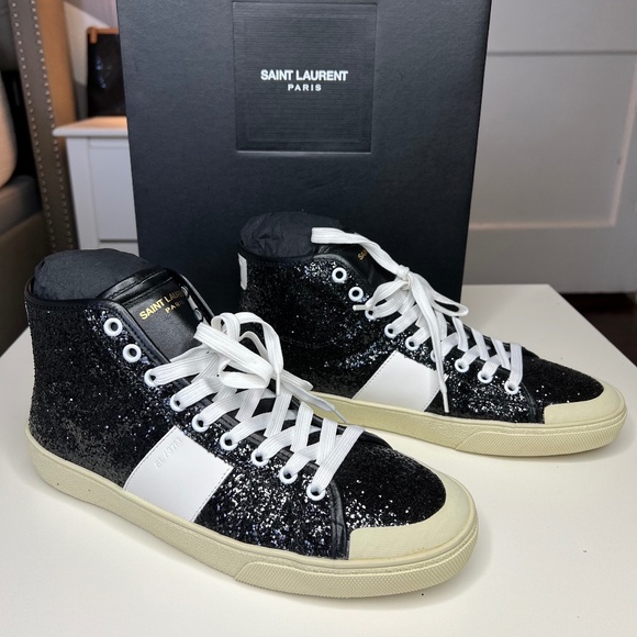 Saint Laurent Black Glittered SL/37 Court Classic Sneakers Size 8 - Picture 2 of 13